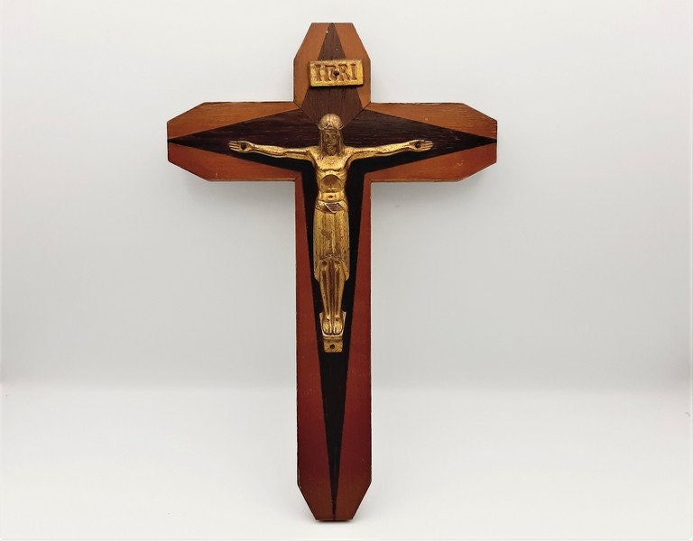 Français Crucifix en Croix Bois Vintage avec Laiton Jésus-Christ Inri Religieux Catholique