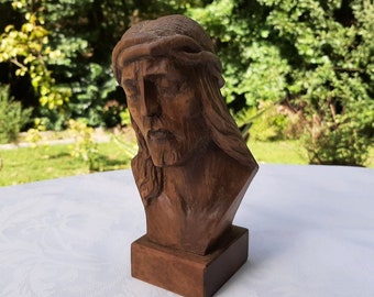 Victor Feltrin Jesus Christ  wooden head sculpture, hand carved wooden plaque, religious catholic, French vintage  Wooden Jesus Christ head