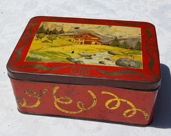French antique tin box  mountain chalet lanscape, green park decor, red and yellow