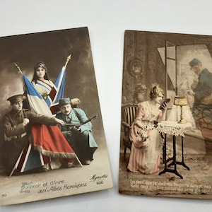 French antique military Postcard,  first world war postcard, french and english  flags  postcard, 2 available