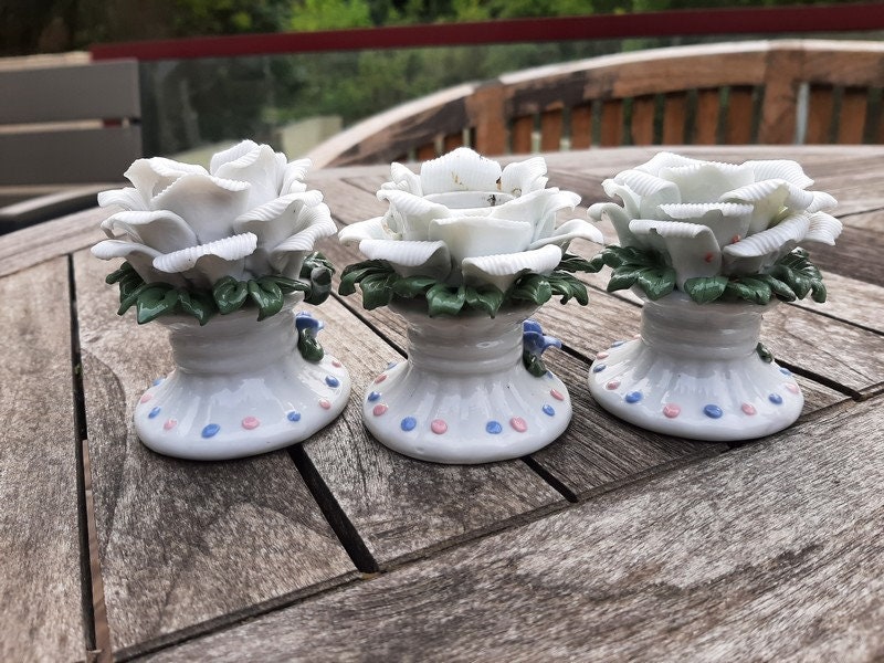 アンティーク ローズ キャンドルホルダー、ホワイト ローズ キャンドル