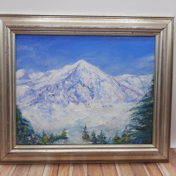 peinture originale vintage - peinture de paysage de montagne - sommets enneigés - cadre en bois - Art du paysage - signé et daté