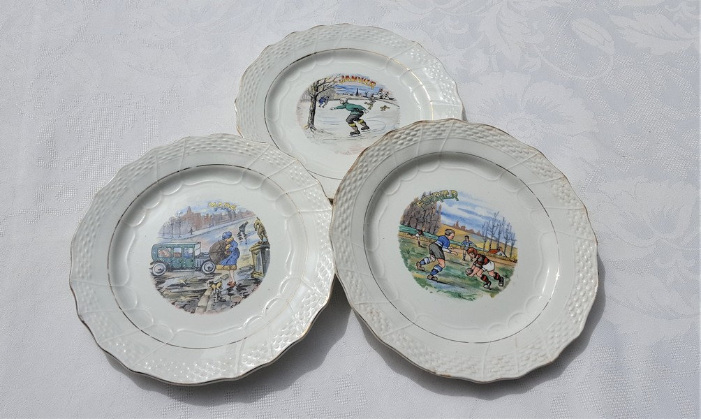 Moulin Des Loups, Ensemble de 3 Français Assiettes à Dessert Antiques, Mois Antique L'année Assiette