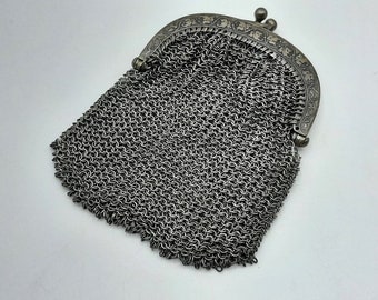 porte-monnaie antique français en maille d'argent, porte-monnaie en cotte de mailles en argent, pochette en argent