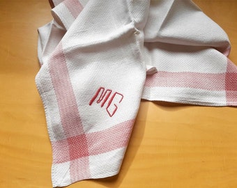 french antique white linen dish Towel ,  monogrammed MG , linen  tea towel ,hand made embroidered monogram MG, red stripes dish towel