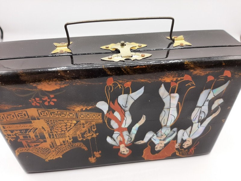 Vintage Chinese Black Lacquered Box , Mother-of-pearl Decor