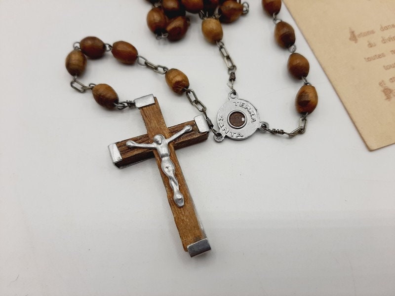 Chapelet de Perles en Bois d'olive Vintage et Croix Bois, Chapelet Jérusalem