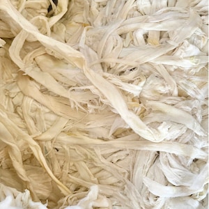 May include: A collection of off-white, fibrous, and stringy material with a matte texture. The strands are tangled and layered, creating a dense, irregular mass of thin, elongated pieces that vary slightly in thickness and orientation throughout.