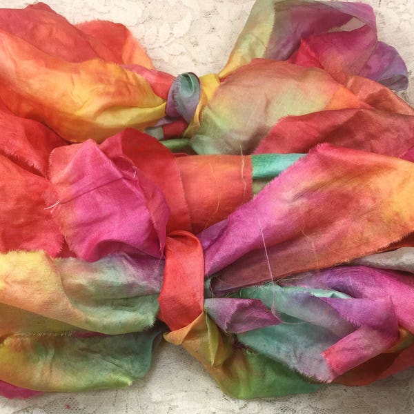 Hand dyed silk ribbon 2" wide 5 yds toucan trim embellishment altered art mixed media journaling yarn quilting spinning jewelry beading