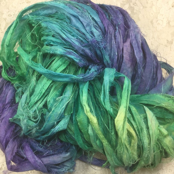 Sari silk 65 to 72 yds hydrangea hand dyed trim embellishment knitting journaling yarn altered art quilting spinning knitting mixed media