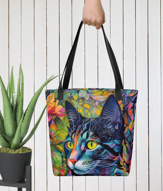 花柄猫柄トートバッグ：カラフルなキャリーオールパース（15x15 