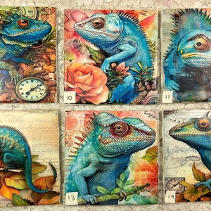 May include: Set of 6 square ceramic tiles featuring colorful illustrations of blue chameleons with intricate details. Each tile has a unique background with vintage-inspired patterns and textures. The tiles are numbered 9 through 14.