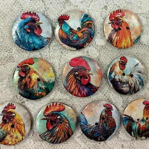 May include: Ten round wooden buttons with colorful rooster illustrations. The buttons are approximately 2 inches in diameter and have two holes for sewing.