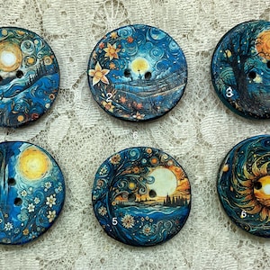 May include: Six round wooden buttons with a blue background and a variety of colorful designs inspired by Vincent van Gogh's Starry Night. Each button has a number from 1 to 6 printed on it.