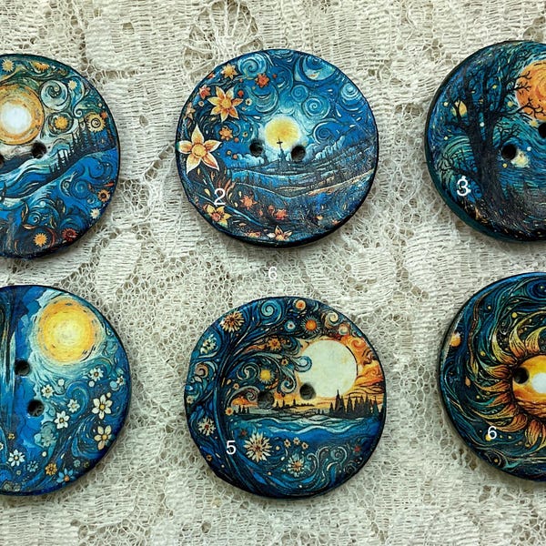 1.18” Buttons- Celestial moons and sun-Van Gogh styles-assorted-Great Adirondack-handcrafted-price is per button