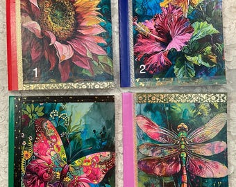 Caderno artesanal 5 x 8" - Estampas de flores, borboletas e libélulas - 1 a 4 - Diário - Livro de recortes - 60 páginas pautadas - Great Adirondack