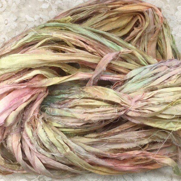 sari silk hand dyed 65 to 72 yds speckled seashell mixed media quilting wearable art knitting yarn costumes altered art trim scrapbookin