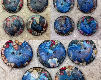 1.18” Blue roosters and hens buttons- assorted-Great Adirondack-handcrafted-price is per button