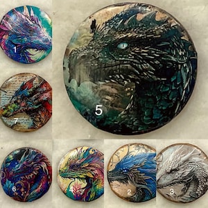 May include: Ten round, colorful, dragon-themed buttons with numbers 1 through 7 and 2 through 5. The buttons are made of a hard, glossy material and feature detailed dragon illustrations.