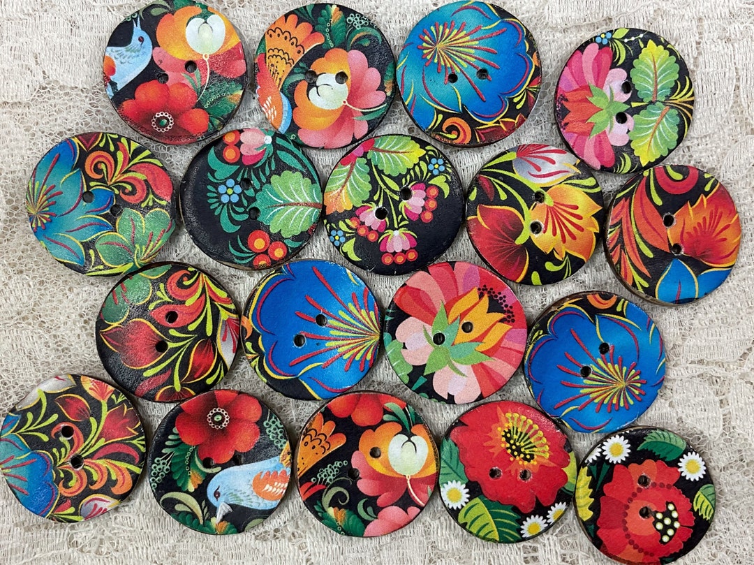 Folk Button Button 1” Folk Art Pattern-assorted -handcrafted -embellishment ...