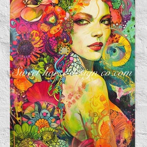 Póster mate: hermoso rostro de mujer, mujer bohemia, art déco, tamaños variados, gran hilo Adirondack