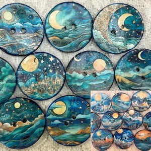 May include: A selection of round decorative buttons with celestial and landscape designs. Each button displays a unique watercolour scene with moons, stars, and ocean waves in shades of blue, teal, and gold. The buttons have two holes for sewing.