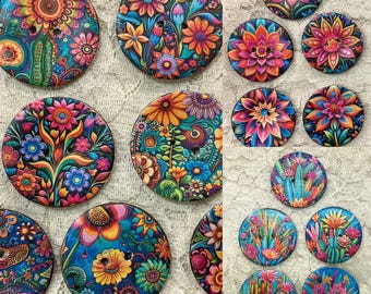 May include: A collection of 15 colorful, round, floral and cactus-themed buttons. The buttons are made of wood and have a painted design. The buttons are arranged in a grid pattern.