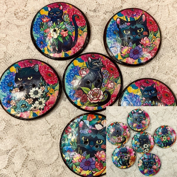 Button 1” or 2” wood black cat floral assorted handcrafted embellishment clothing accents trim mixed media great adirondack