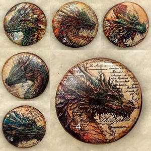 May include: Six round, colorful, decorative buttons with a dragon design. Each button features a different dragon with a unique background. The buttons are approximately 2 inches in diameter.