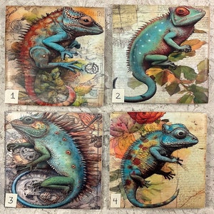 Coasters- Ceramic tiles- drink coasters- Steampunk Chameleons-1-4- 4.25 “x4.25” - decoupaged
