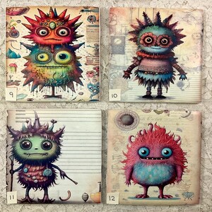 May include: Four colorful square tiles with whimsical cartoon monsters. Each tile has a different monster with unique colors and patterns. The tiles are decorated with a vintage background.
