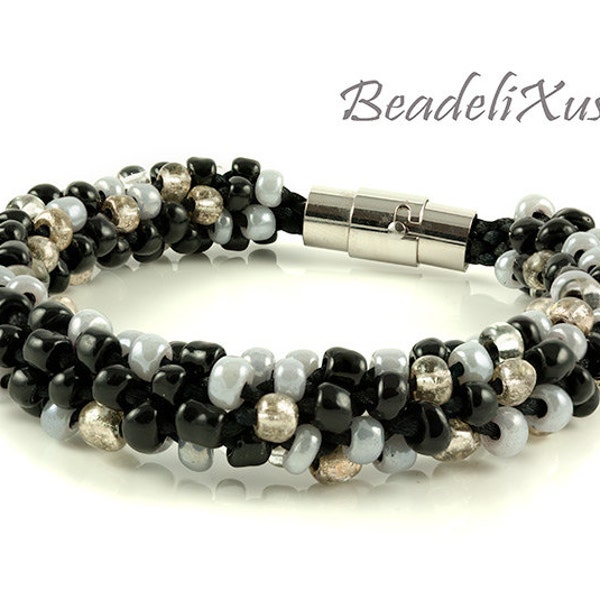 Amy CUSTOM Beaded Kumihimo bracelet and matching necklace - stainless steel closure glossy black grey silver seed beads