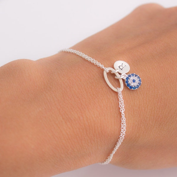 Sterling silver CZ Evil Eye Bracelet- Initial Personalized Bracelet