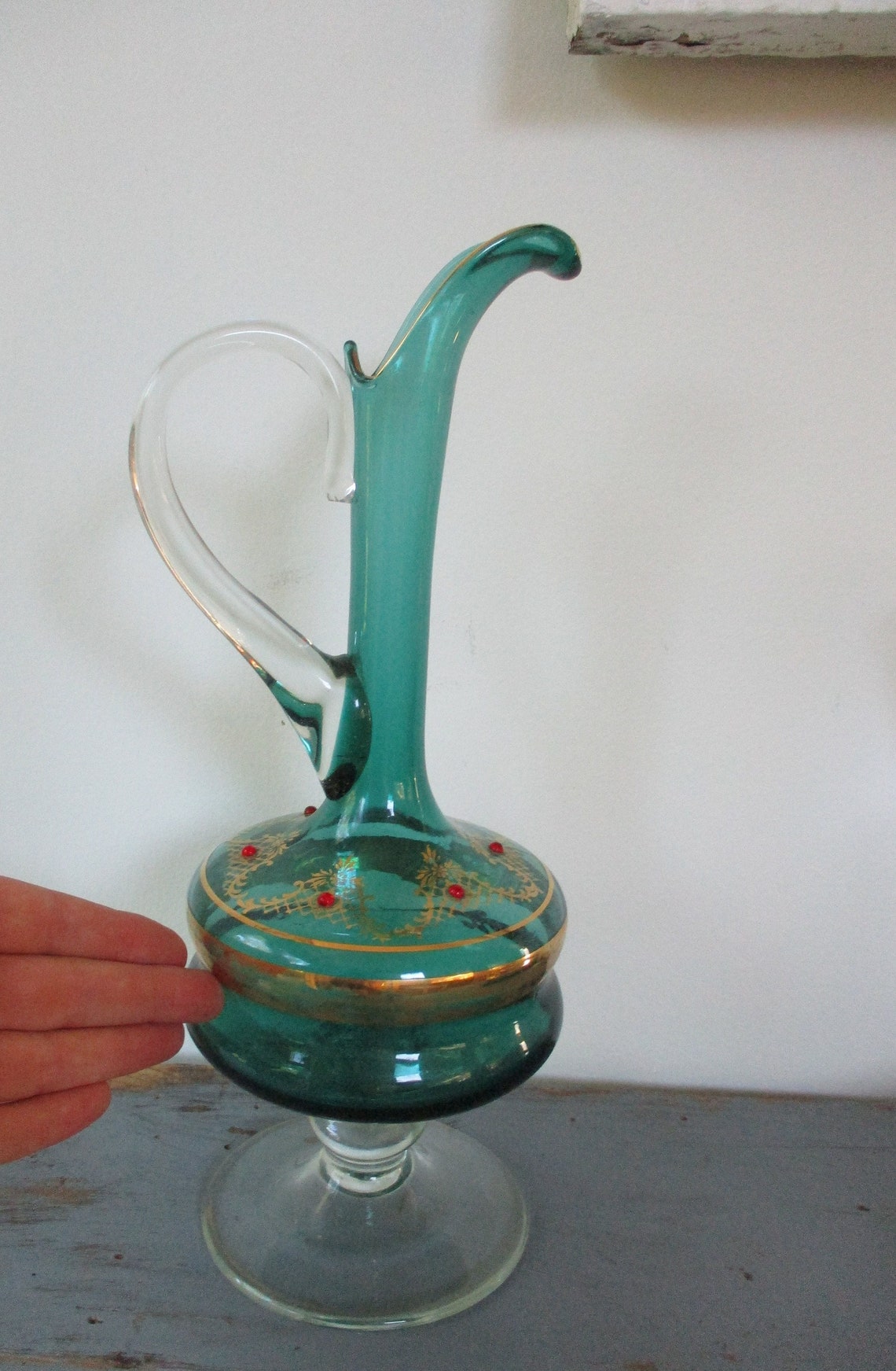Vintage Emerald Glass Pitcher Ewer Applied Red Glass Etsy