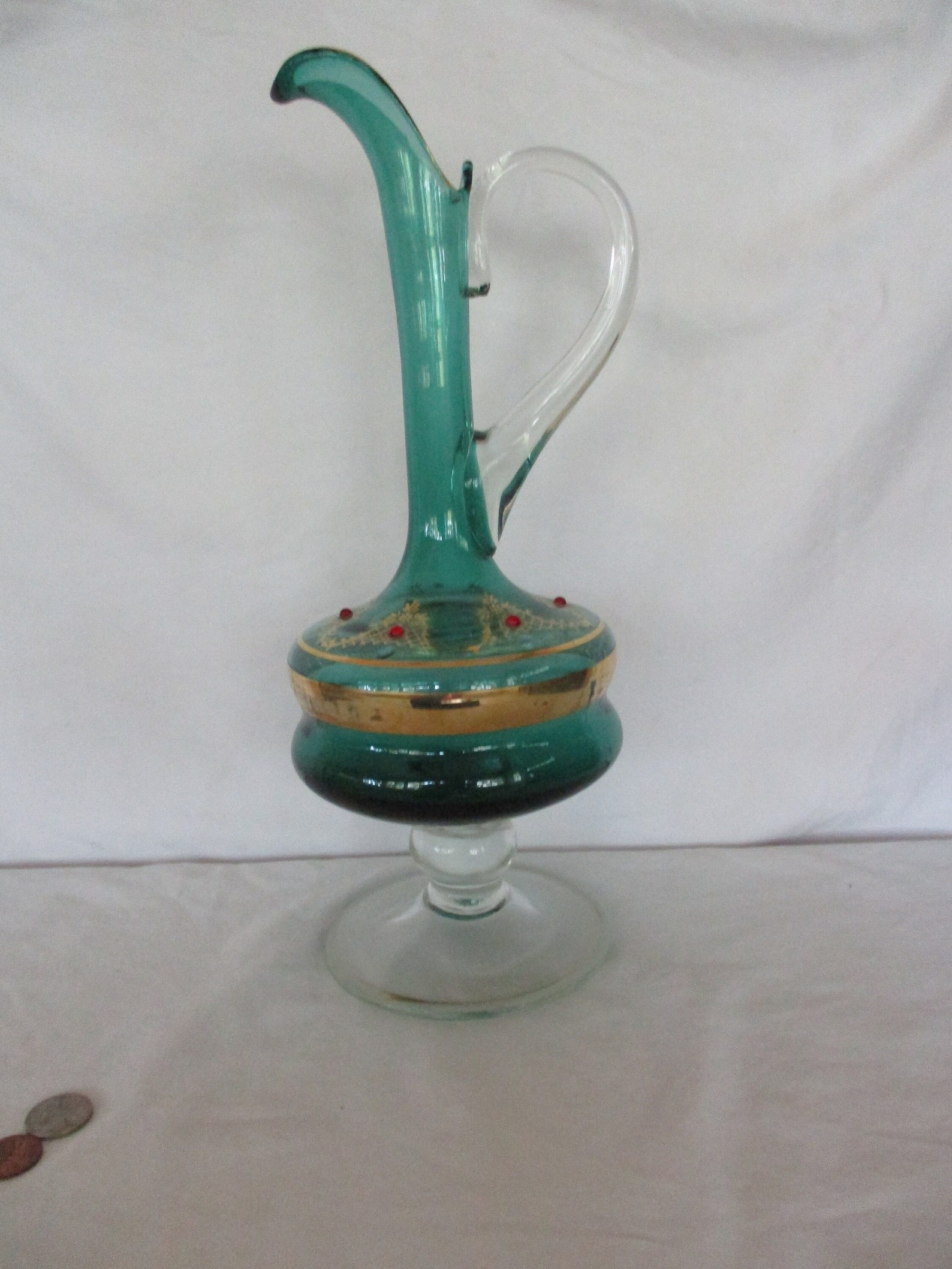Vintage Venetian Emerald Glass Pitcher Ewer Applied Red Glass - Etsy
