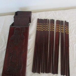 China.  Vintage Carved Wood Flip Top Box Chopsticks Set for 8