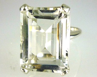 Natural White Quartz Very Large Brilliant Emerald Cut 20X15MM - 21.80 Carats .925 Sterling Silver