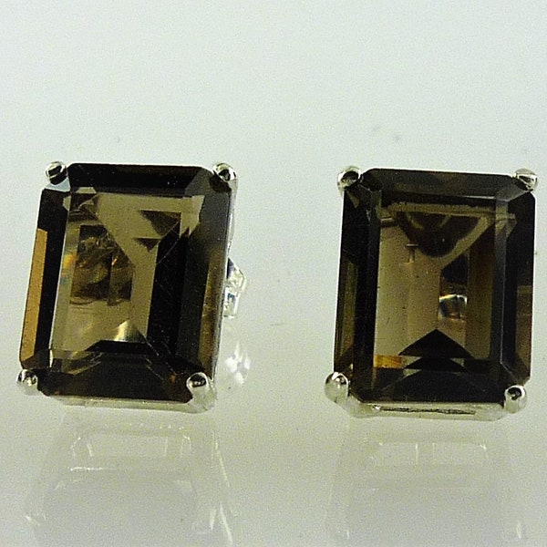 Natural Emerald Cut Smokey Quartz Stud Earrings 925 Sterling Silver Nice 8x6 MM Size, 3.00 Carats Total