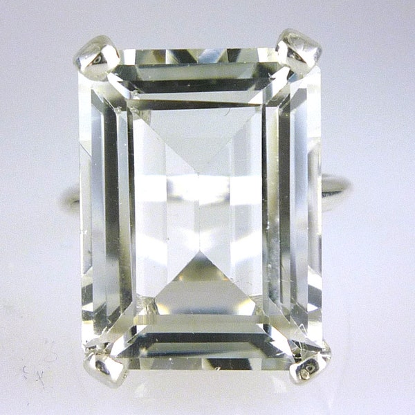 Natural Large Emerald Cut White Crystal Quartz Solitaire Ring, 925 Sterling Silver 18X13 MM 15.01 Carats