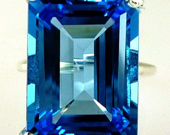 Natural Large Emerald Cut Swiss Blue Topaz Ring, 19.83 Carats, December Birthstone, Handmade, Flawless