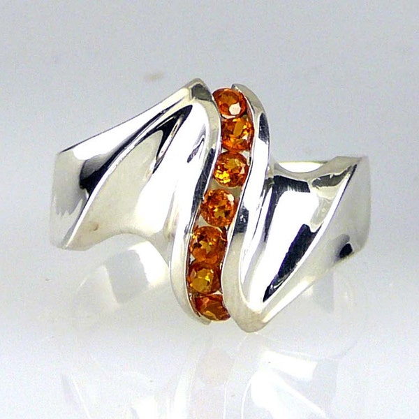 Natural Mandarin Spessartite Garnet Channel set in Waterfall Ring .925 Sterling Silver