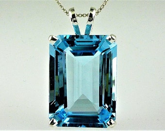 Beautiful Large Natural Blue Topaz Pendant, 18x13 MM, Emerald Cut 17.85 Carats