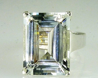 Natural Emerald Cut White Topaz Ring, Wide Band, December Birthstone, Handmade, 11.85 Carats Flawless