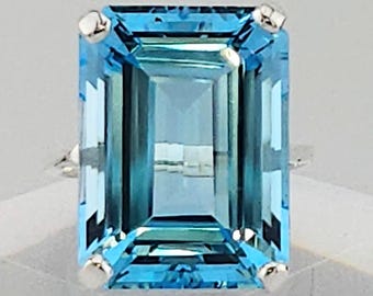 Natural Very Large Emerald Cut Blue Topaz Ring, 29.83 Carats, December Birthstone, Flawless, Handmade
