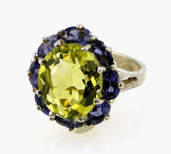 925 Golden Diamond & Iolite stone gold plated handmade net ring at