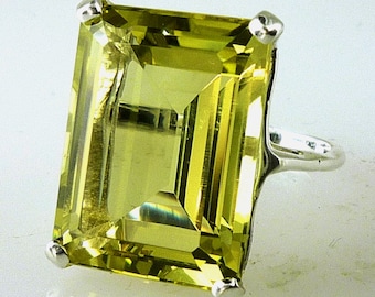 Anillo de gran tamaño con una gema de citrino limón natural talla esmeralda - 22,55 quilates, piedra de nacimiento de noviembre, hecho a mano, impecable.