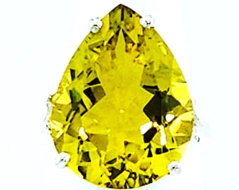 Natural Very Large Lemon Quartz Pear Shape Solitaire Ring, .925 Sterling Silver, Handmade, November Birthstone, 14.52 Carats, Gift