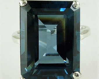 Large Natural Emerald Cut London Blue Topaz Solitaire Ring, 925 Sterling Silver, December Birthstone, 15.21 Carats, Hand Made, Flawless