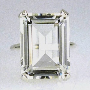 Natural Large White Topaz Emerald Cut Ring, 18x13MM, 19.34 Carats