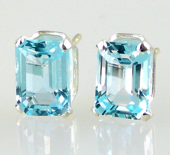 Genuine Blue Topaz Emerald cut Stud Earrings .925 SS Sterling | Etsy